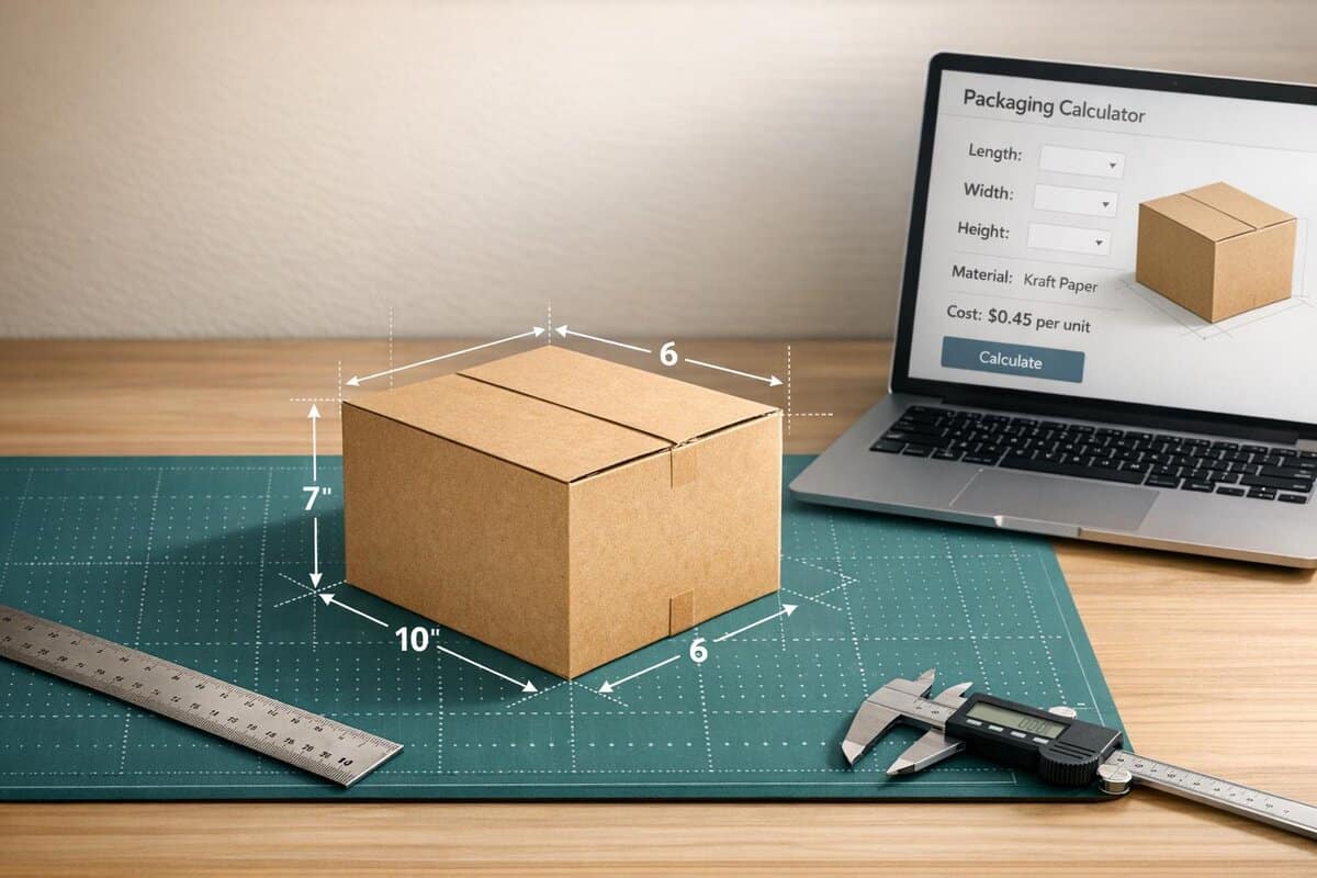 Cardboard box on a workspace with measuring tools and a laptop displaying a packaging calculator, illustrating packaging design and cost estimation.