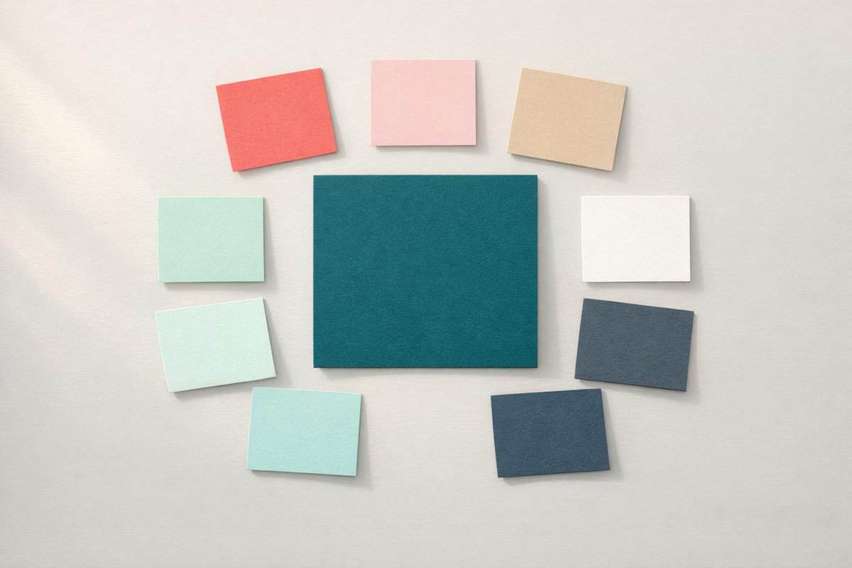 Colour swatches arranged in a circle on a light background, showcasing a variety of pastel and muted shades for branding and design inspiration.