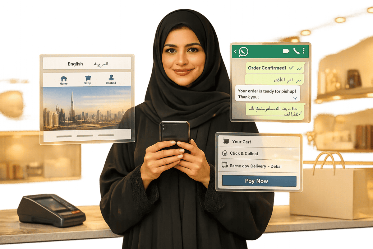 Brand-Husl- woman using her smartphone with digital shopping and payment notifications overlayed, highlighting seamless online shopping experience.