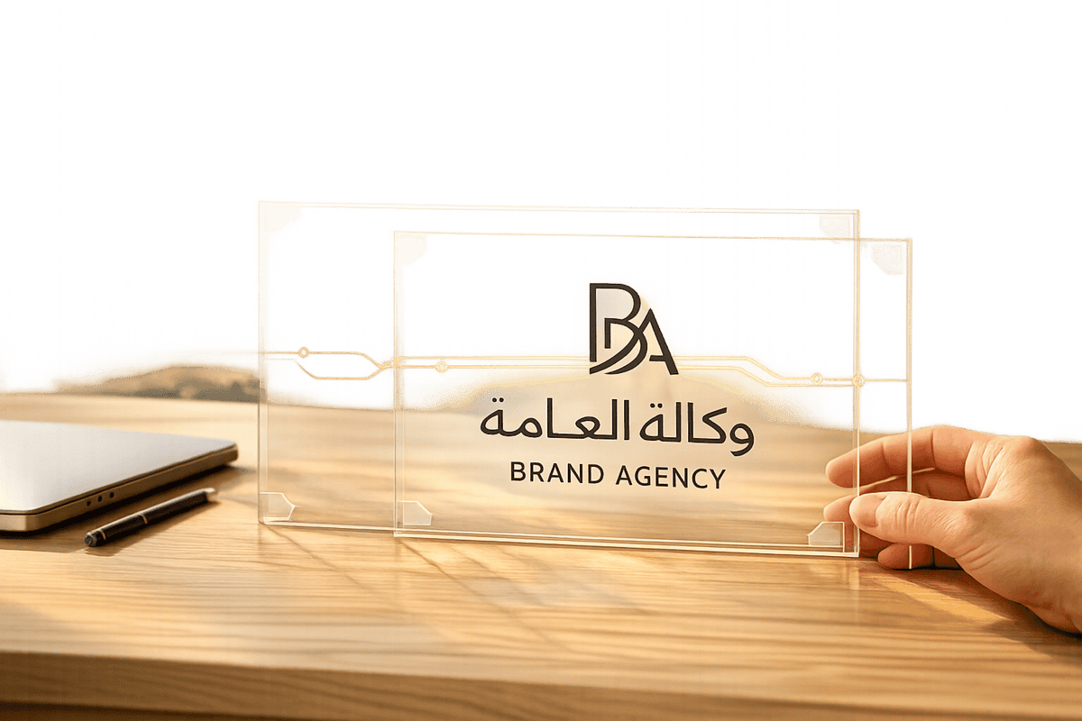 Brand-Husl-Glass award plaque with the logo and Arabic text for a brand agency on a wooden desk.