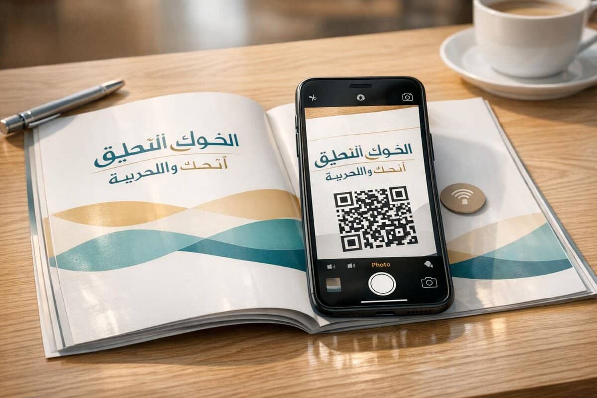 Brand-Husl-QR code displayed on smartphone screen placed on an open book with Arabic text, on a wooden table with a coffee cup in the background, illustrating digital branding and communication.