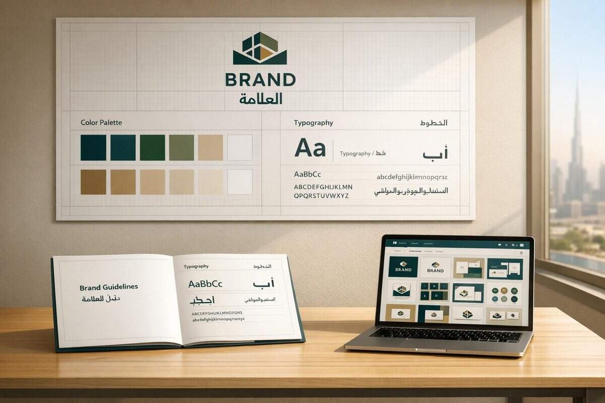 Brand-Husl logo and branding guidelines display on wall and digital device.