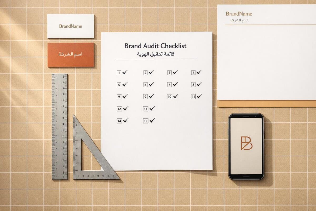 Comprehensive brand audit checklist with tools and smartphone on a grid background for branding evaluation and quality assurance.