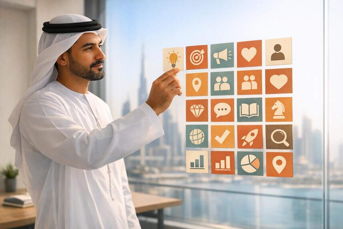 Brand-Husl- man in traditional Middle Eastern attire interacting with digital icons on a glass window, representing business strategy and innovation.