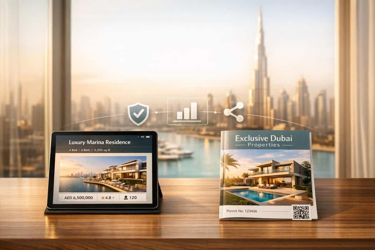 Brand-Husl-Modern digital devices showcasing Dubai property listings with skyline view in the background.