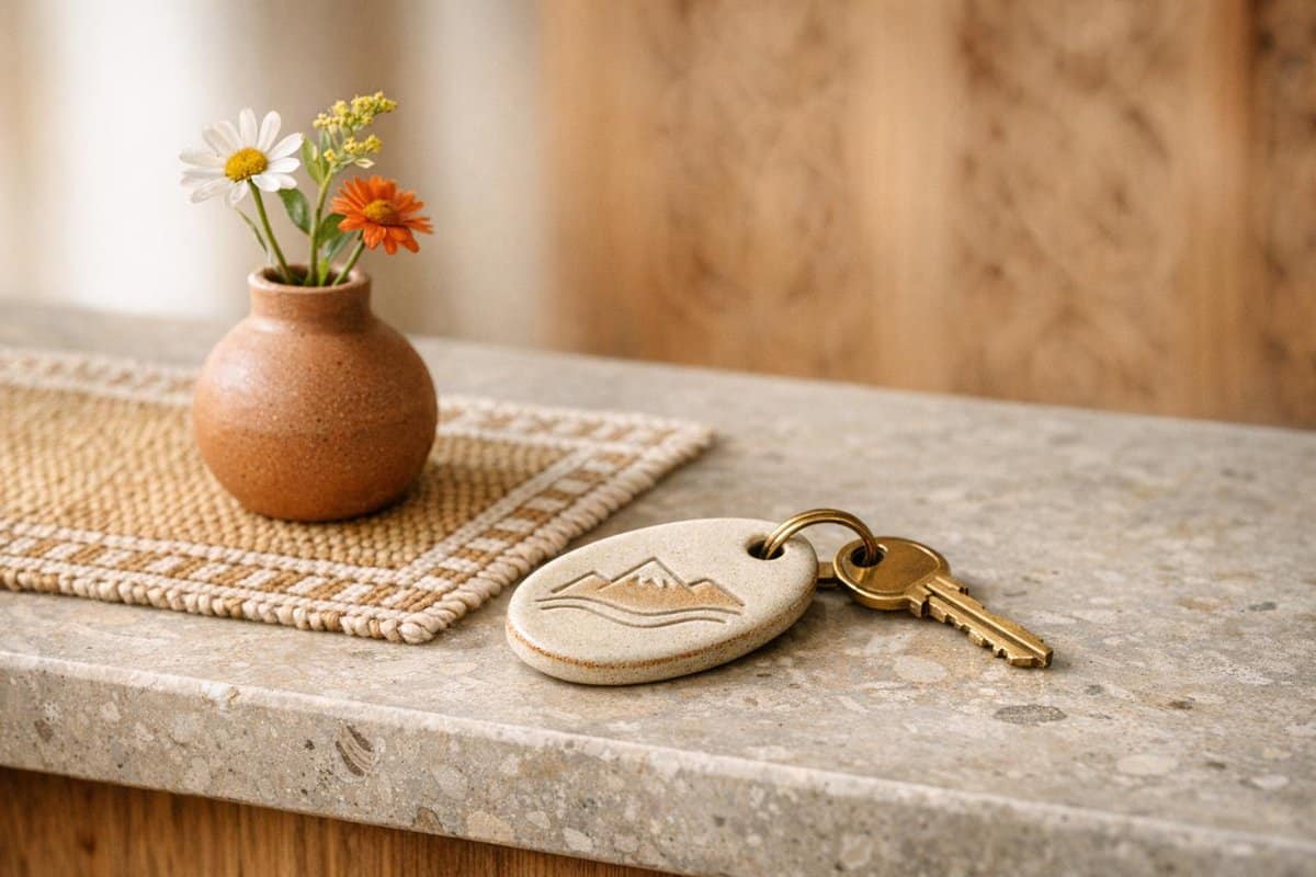 Brand-Husl-Decorative flower vase with daisies and orange flowers, placed on a woven mat on a stone countertop, accompanied by a keychain with a mountain design.