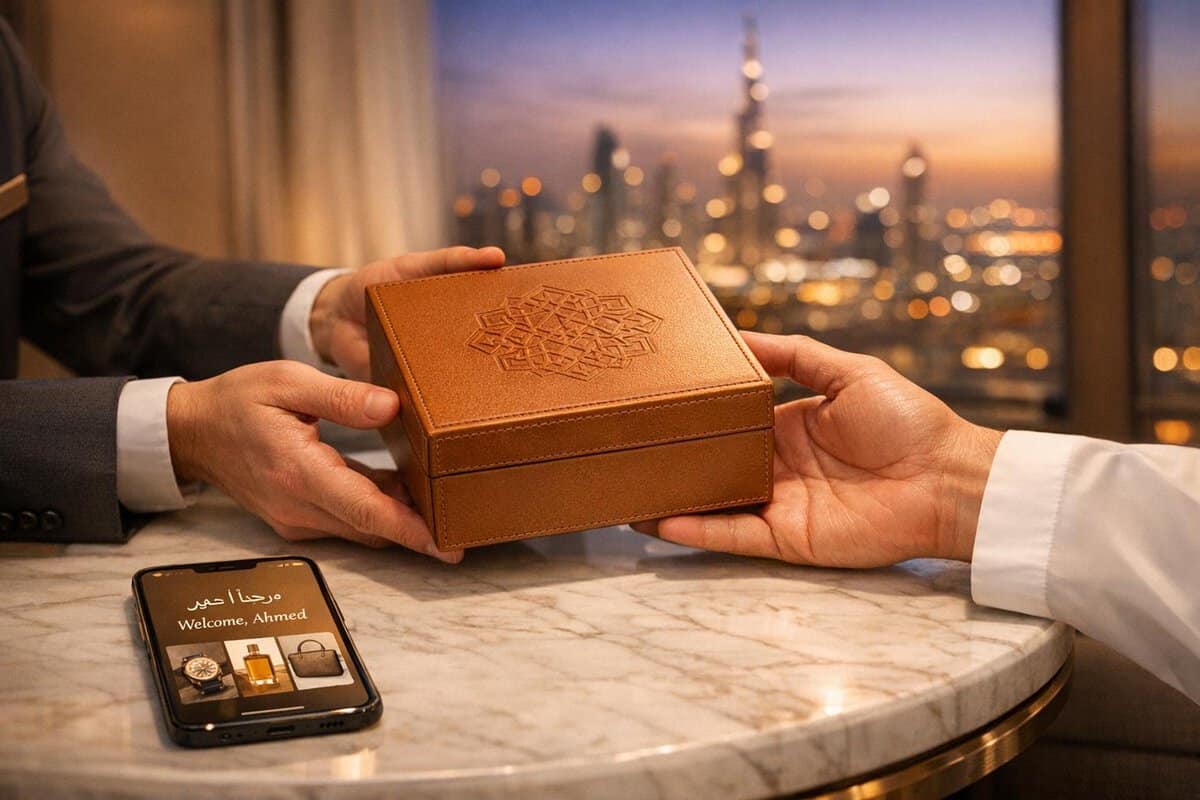 Brand-Husl- Elegant handover of a luxury gift box between two individuals in a high-rise office with a city skyline at sunset in the background.