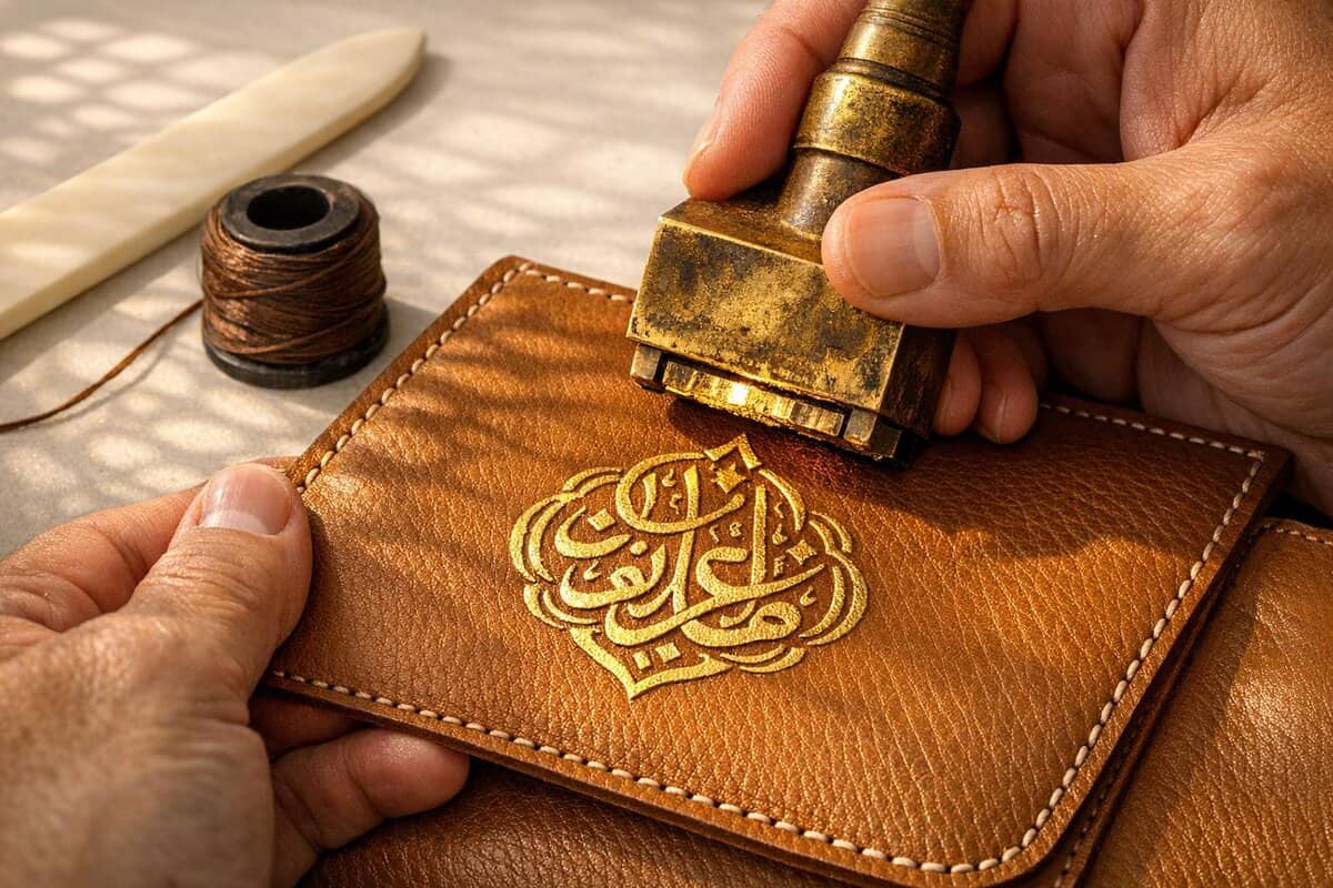 Brand-Husl artisan leather wallet being stamped with a gold embossed logo, showcasing craftsmanship and luxury. Perfect for premium accessories and bespoke leather products.
