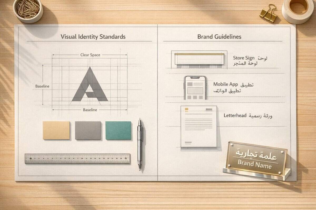 Brand-Husl-visual identity standards and brand guidelines including logo, mobile app, letterhead, and store sign design on a workspace desk.