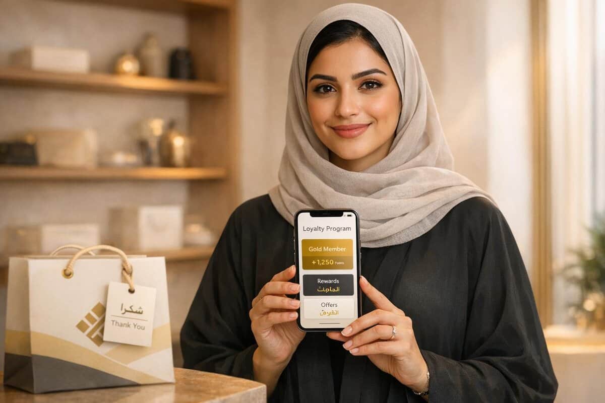 Brand-Husl-Young woman using a mobile loyalty app, smiling, in a cozy cafe setting, promoting digital rewards and customer loyalty programs.