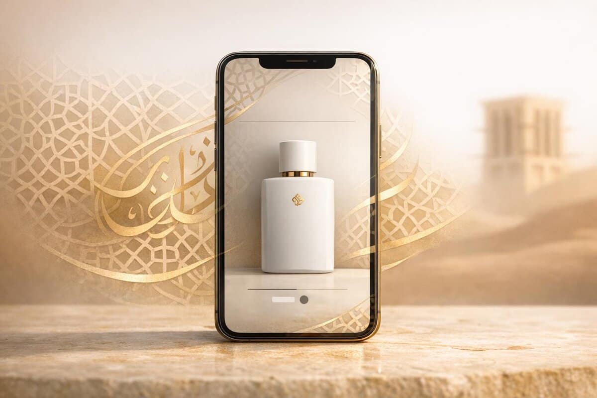 Brand-Husl- luxury perfume bottle displayed on a smartphone screen, highlighting premium branding and modern aesthetics.