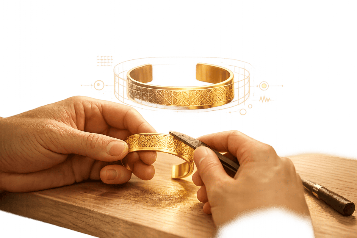 Brand-Husl- Close-up of hands crafting a gold bracelet with detailed engraving, showcasing artisanal jewellery making process.