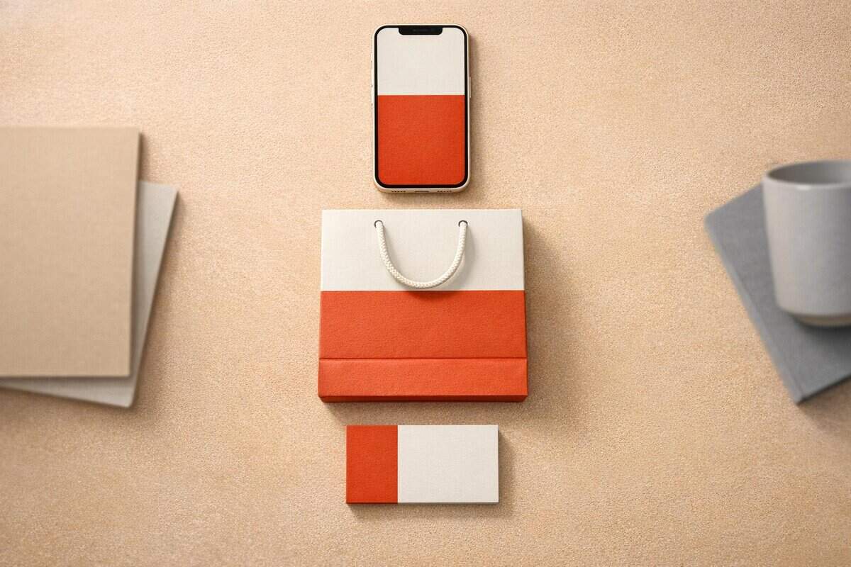 Brand-Husl-creative flat lay of a smartphone, shopping bag, and packaging on a neutral background, showcasing branding and packaging solutions for businesses.