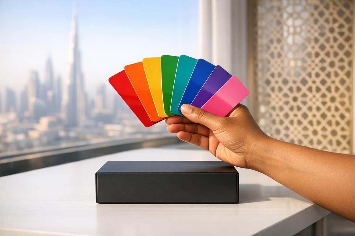 Brand-Husl-Image of a hand holding a fan of colourful paint swatches in front of a city skyline.