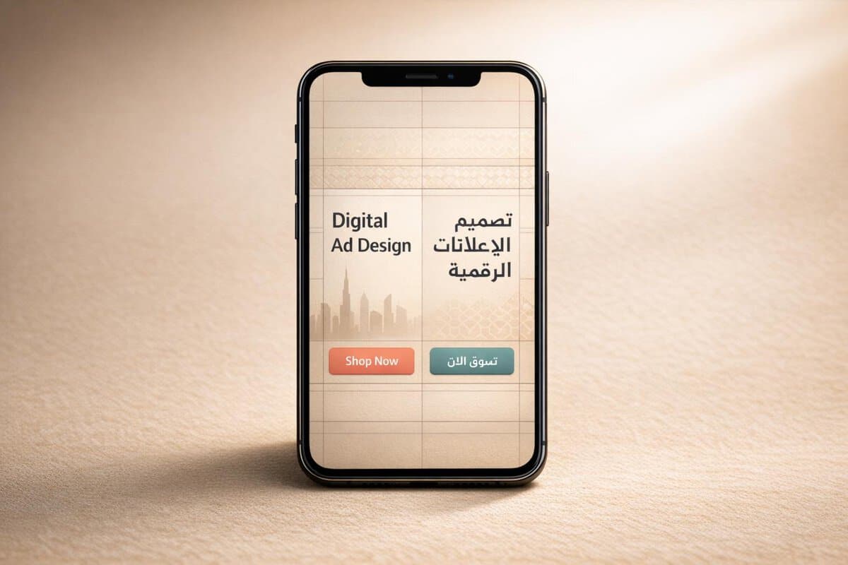 Brand-Husl- Digital advertising design displayed on a smartphone screen, showcasing bilingual content in English and Arabic for digital marketing services.