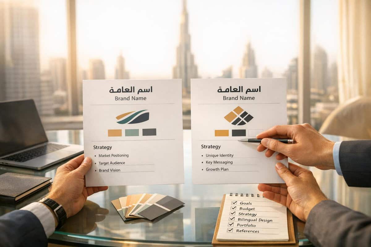 Brand-Husl-Professional business presentation with strategy documents and colour swatches on a modern office desk.