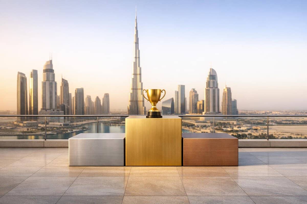 Brand-Husl- podium showcasing a gold trophy against Dubai's skyline with iconic skyscrapers, symbolising achievement and success in a professional setting.