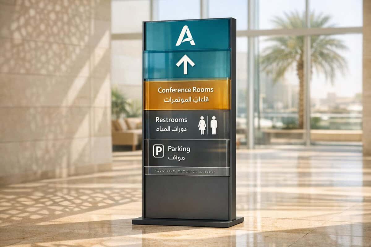 Brand-Husl digital directory sign displaying directions to conference rooms, restrooms, and parking at a modern indoor location.