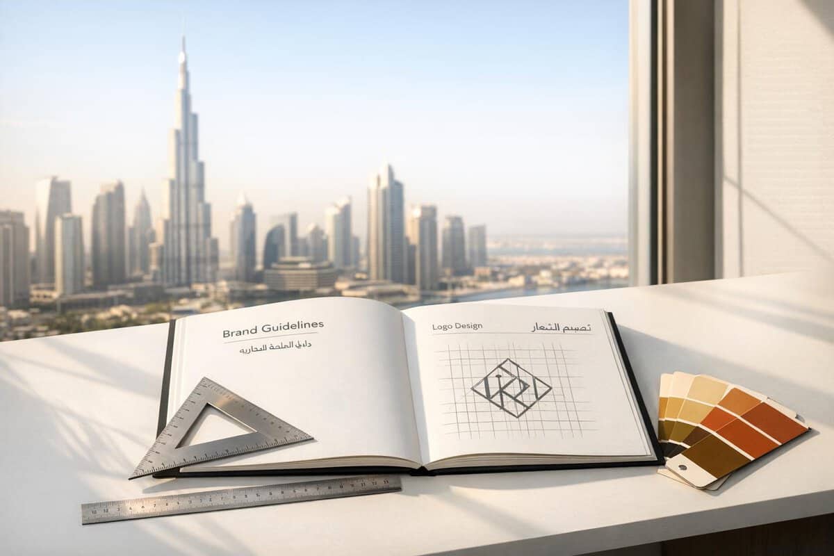 Brand-Husl- modern workspace with a city skyline view, featuring branding guidelines, logo design sketches, and colour palette samples on a white desk.