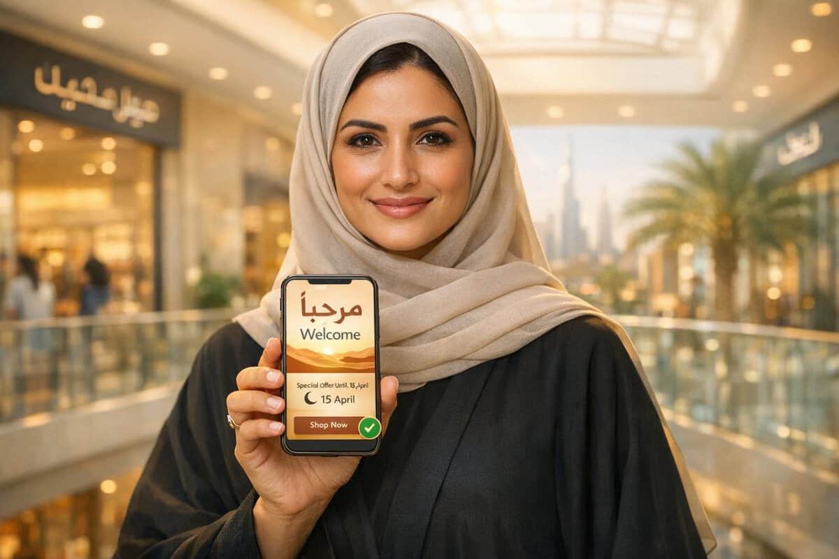 Brand-Husl-Arabic woman smiling and holding a smartphone displaying a welcome message in a shopping mall setting.