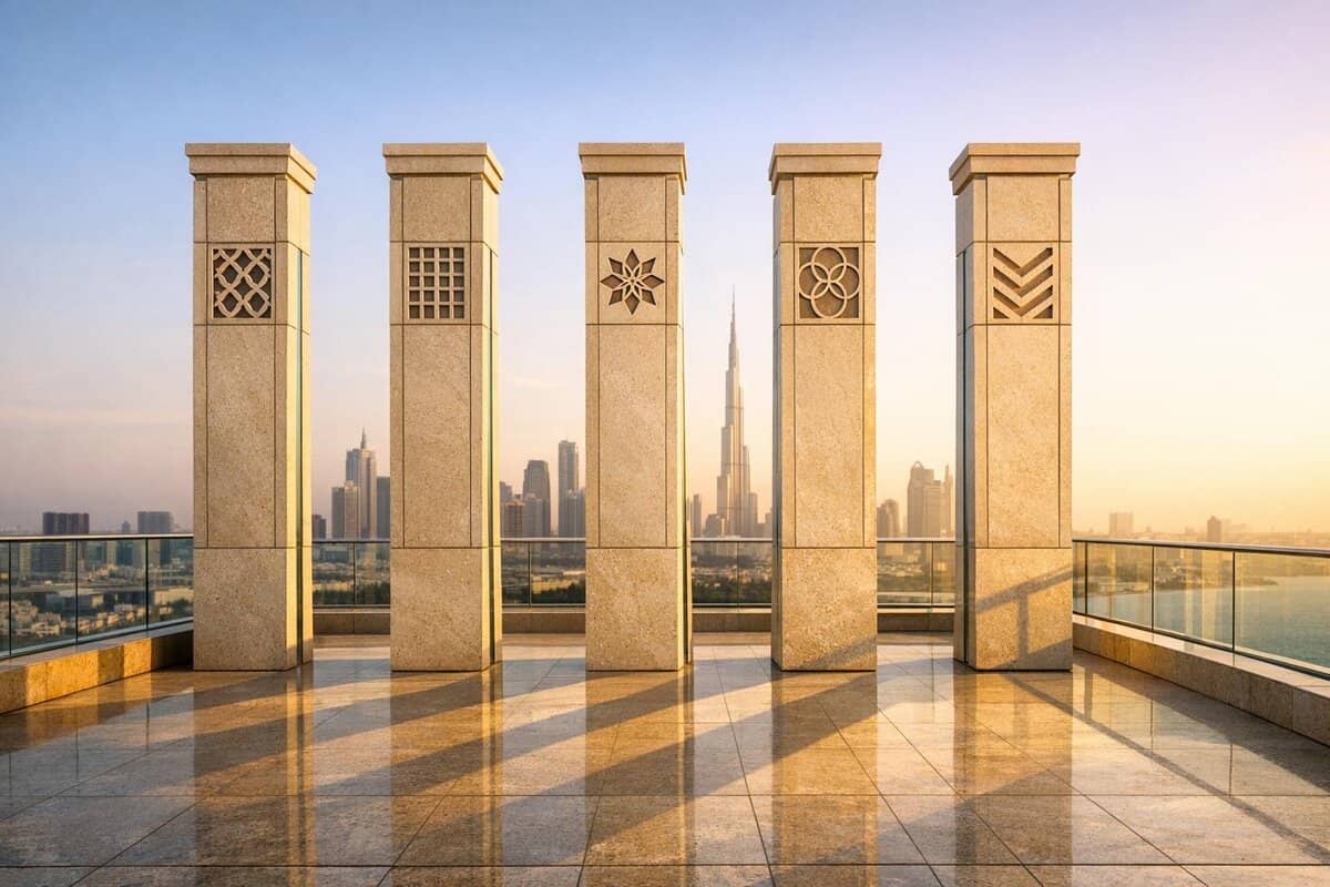Brand-Husl- image features six decorative stone pillars with intricate patterns, set against a cityscape view of Dubai with the Burj Khalifa in the background, during sunset.