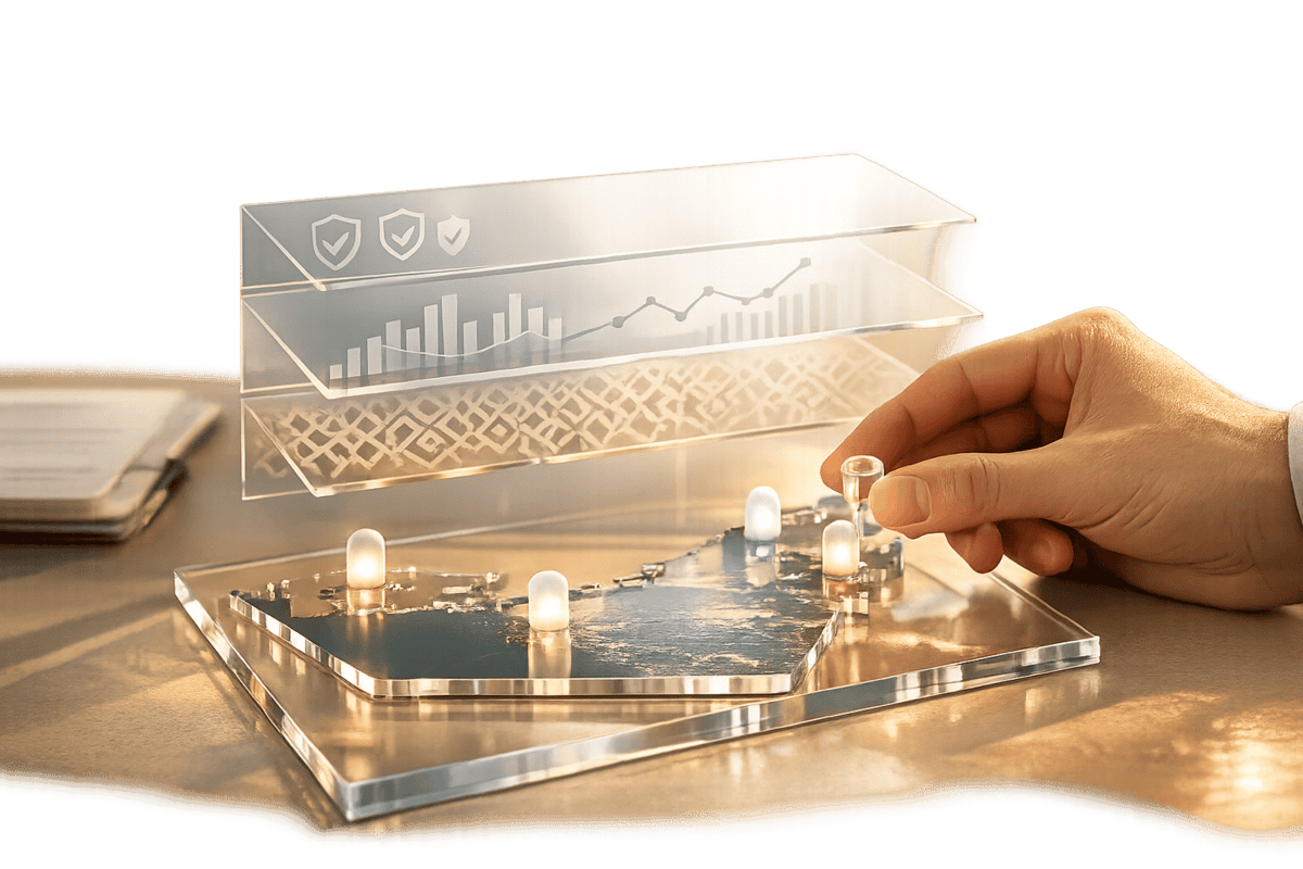 Brand-Husl-advanced data analytics visualization with holographic interface and touch controls, showcasing modern digital marketing and business intelligence solutions.