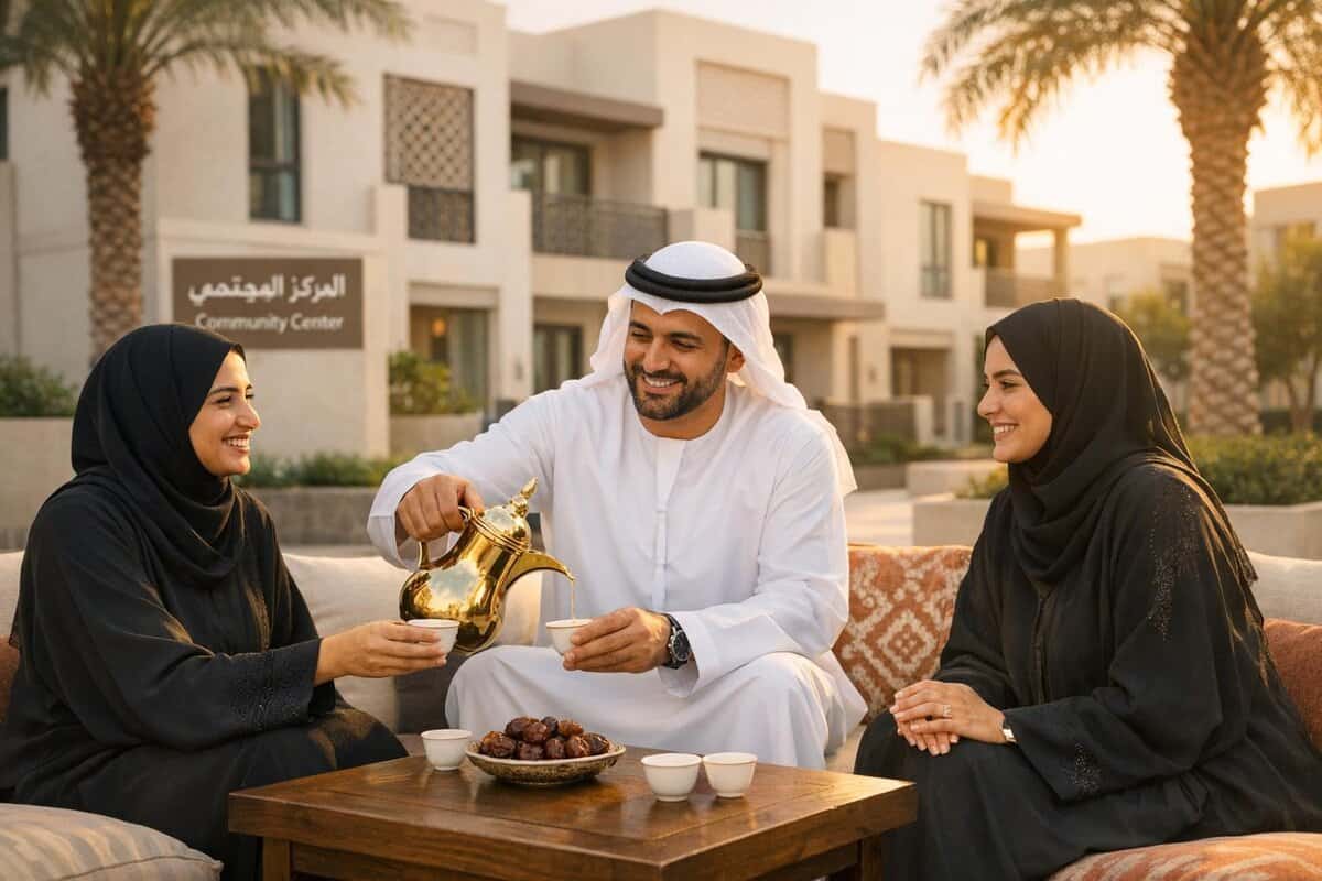 A diverse group of three people enjoying tea together outdoors in Dubai, with modern buildings and palm trees in the background, representing community and cultural connection.
