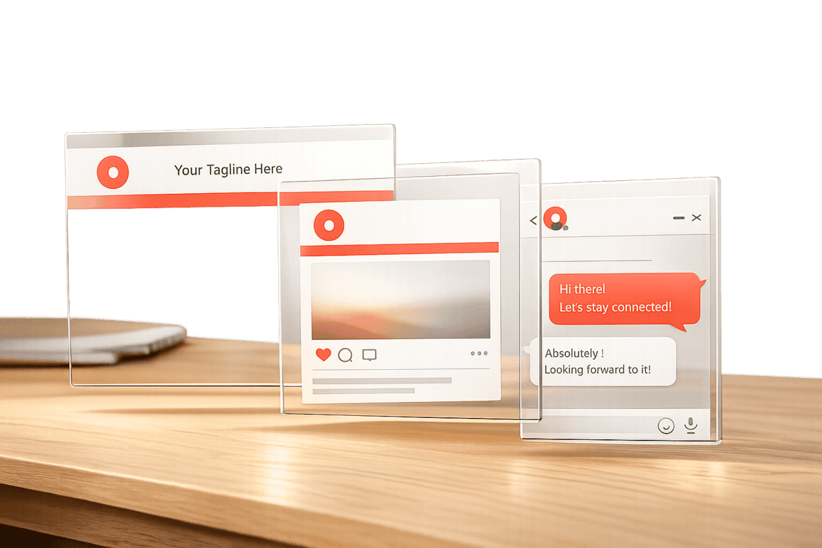 Modern digital social media display with transparent screens showing posts and messages, placed on a wooden surface.