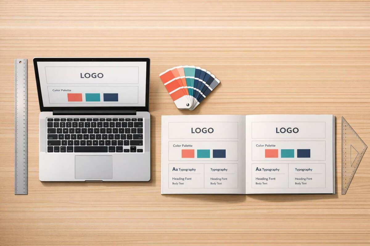 Brand-Husl-Modern workspace featuring a laptop displaying a logo design, colour palette samples, and branding materials on a wooden desk.