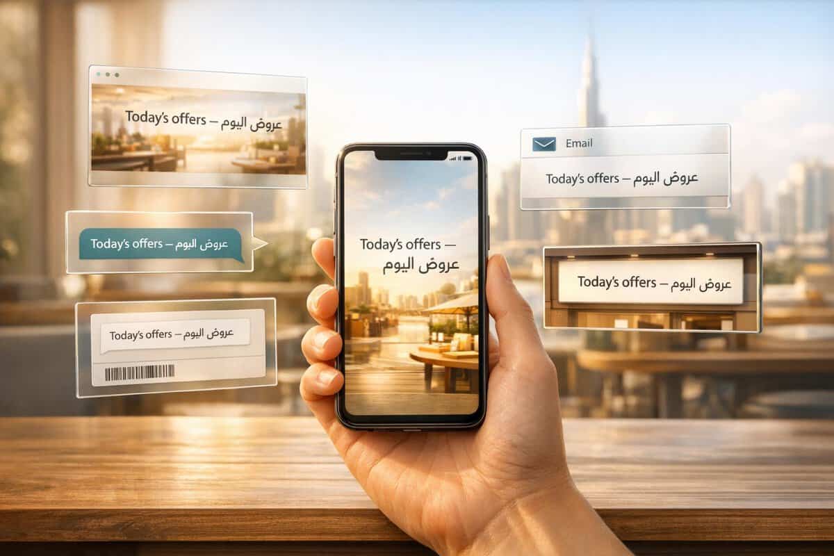 Hand holding smartphone displaying digital marketing offers with city skyline background, showcasing social media and online advertising strategies.