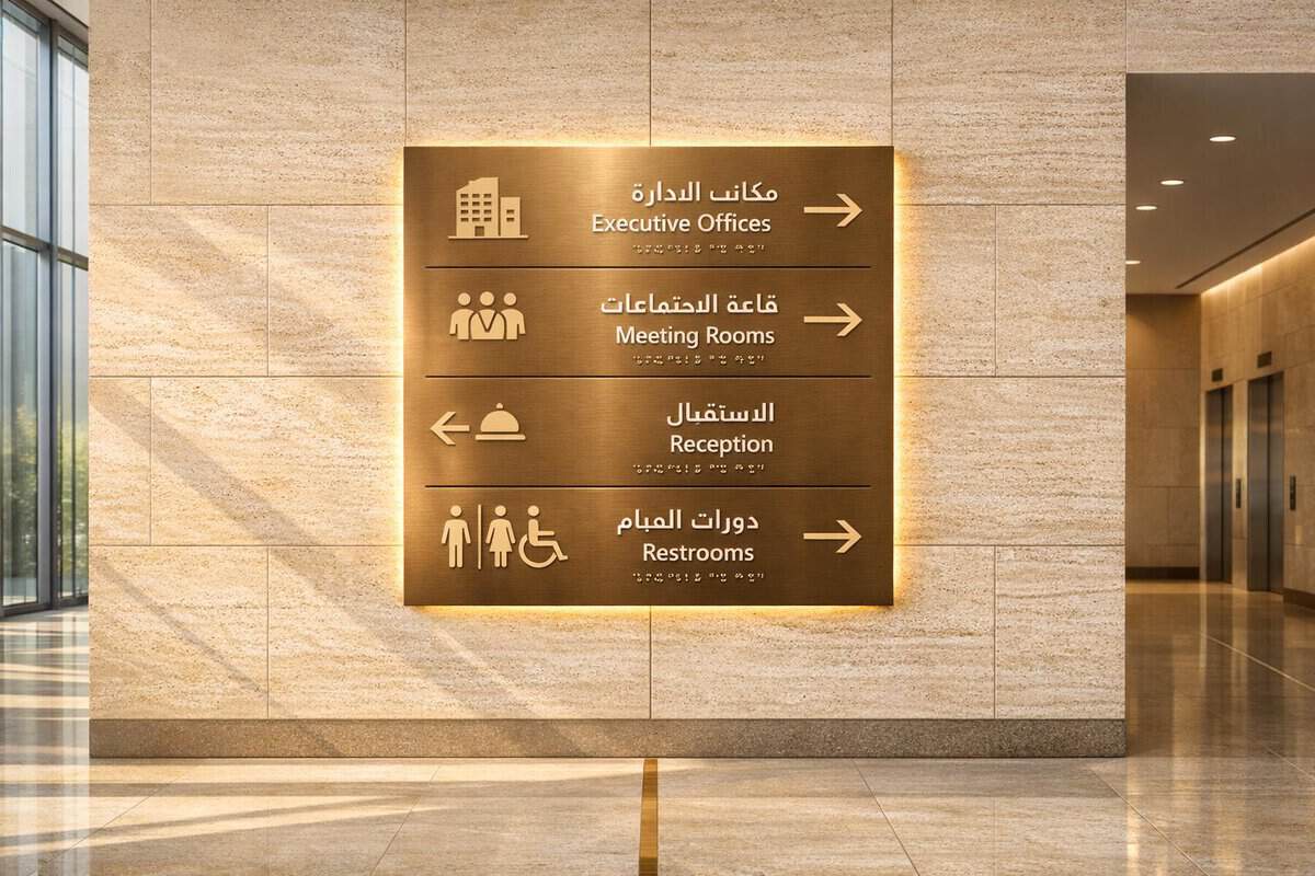 Brand-Husl-Modern directional signage for corporate offices and amenities.