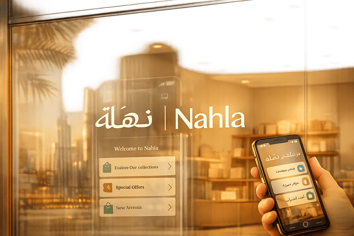 Brand-Husl- Nahla Arabic skincare app interface displayed on a smartphone, showcasing product categories in a modern, well-lit store environment.