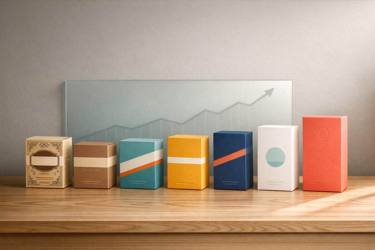 Brand-Husl-illustration of stacked boxes with different colours and a rising graph in the background, symbolising business growth and data analysis.