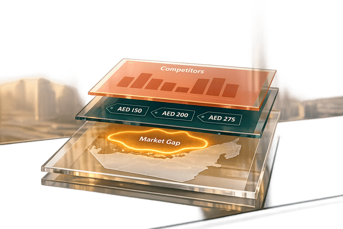 A 3D infographic illustrating market gaps and competitor analysis with price points AED 150, AED 200, AED 275, highlighting strategic business insights.