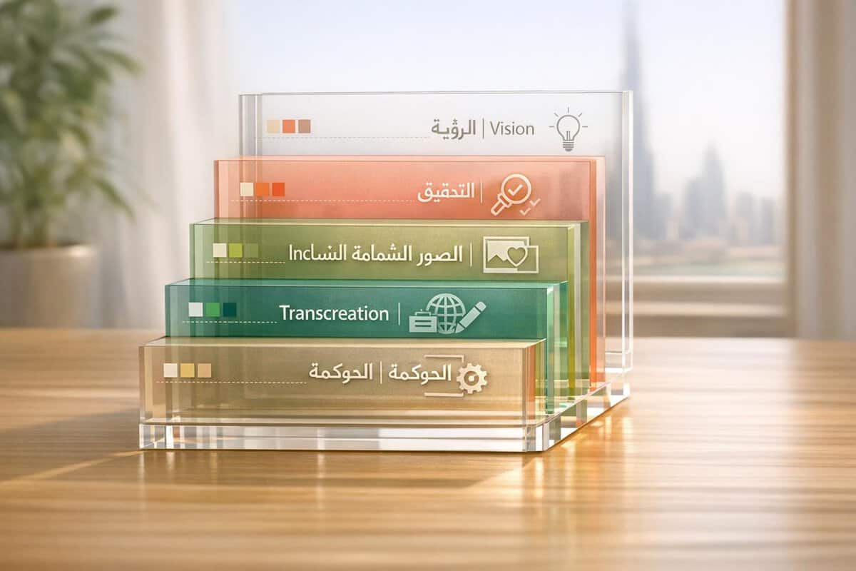 Clear business strategy framework with layered transparent blocks representing vision, planning, inclusion, transcreation, and governance for effective brand management.