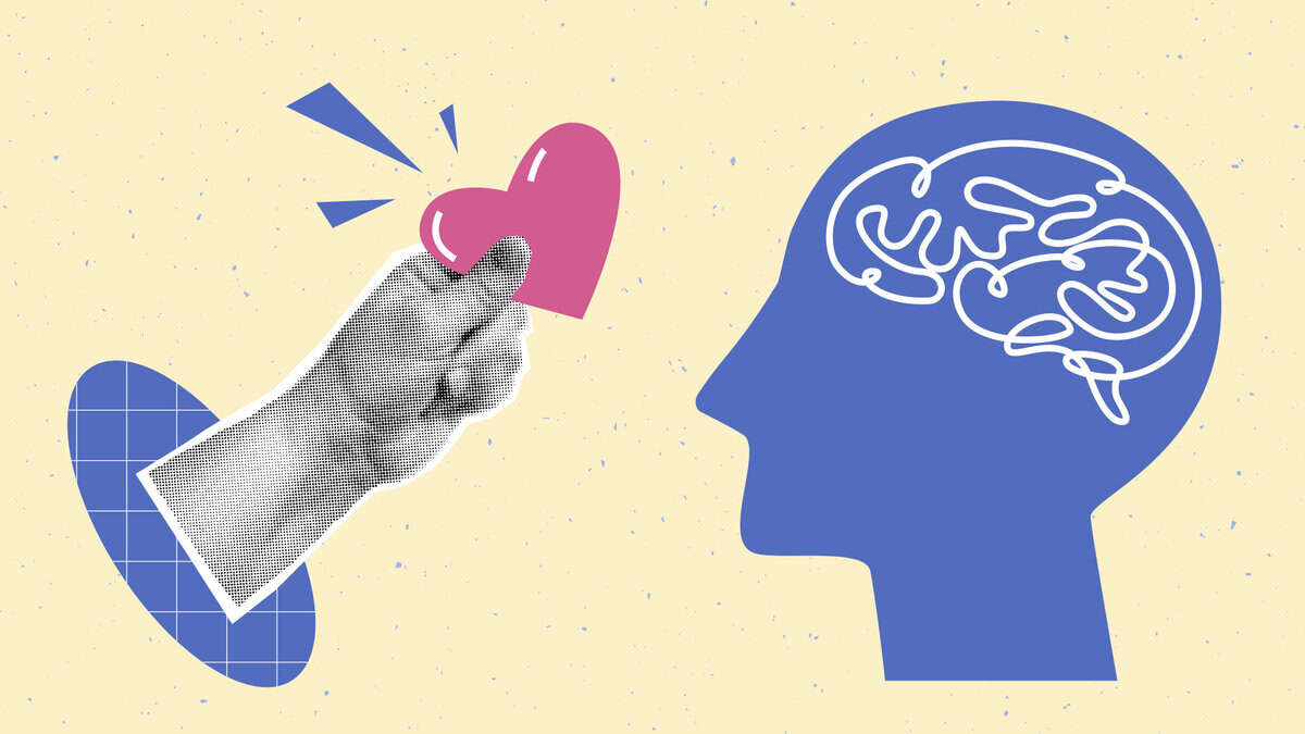 Hand holding a pink heart, symbolising love and emotional connection, with a side profile of a human head featuring a white outline of a brain, representing mental health and psychological well-being.