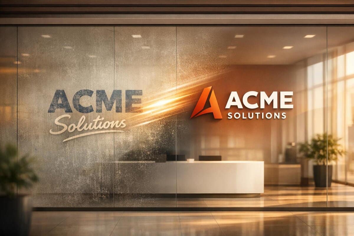 Brand-Husl-Modern office reception with ACME Solutions logo on glass wall, illuminated by warm lighting, showcasing corporate branding and professional environment.