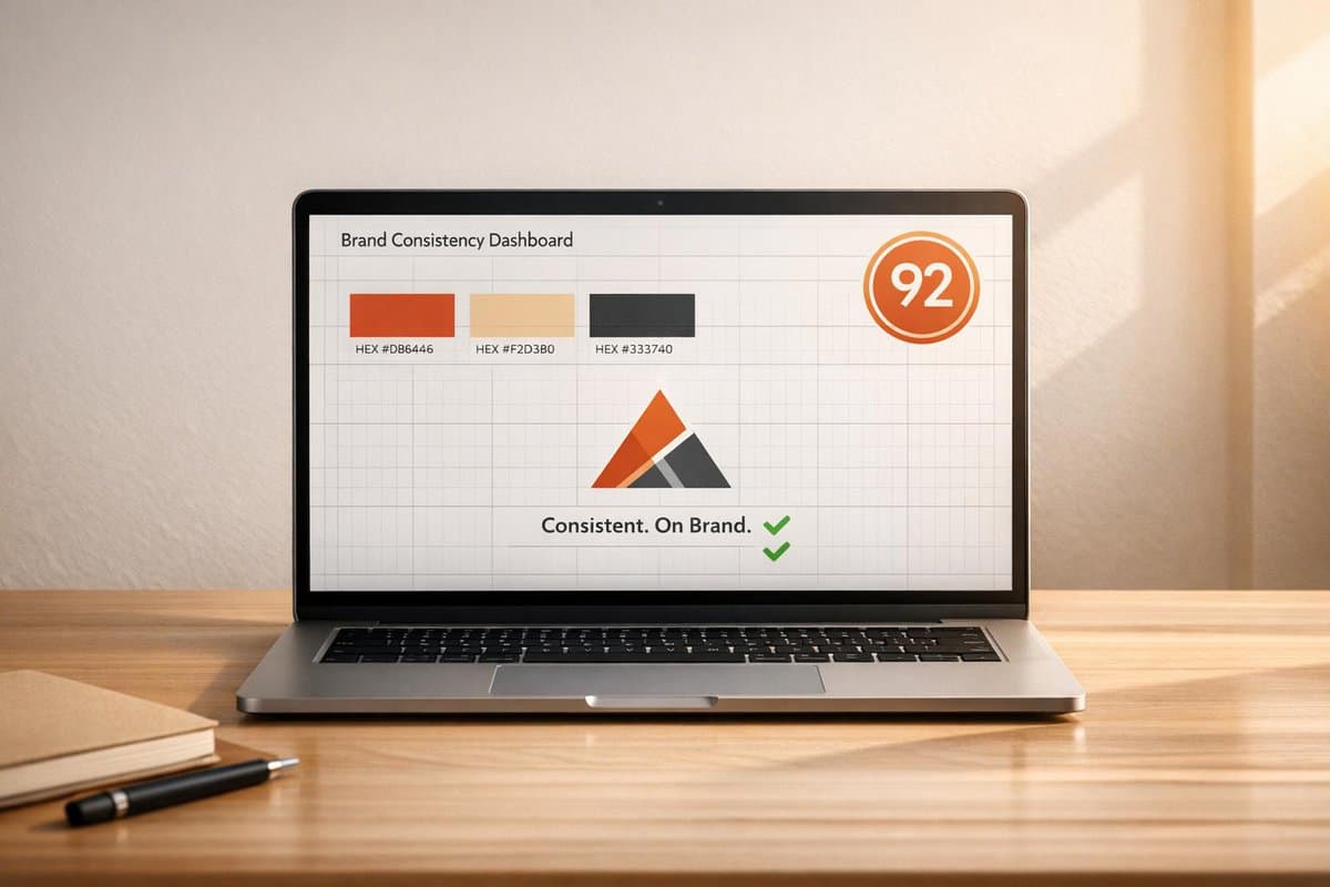 Digital brand consistency dashboard displaying a colour palette, brand score of 92, and a checkmark indicating on-brand consistency.