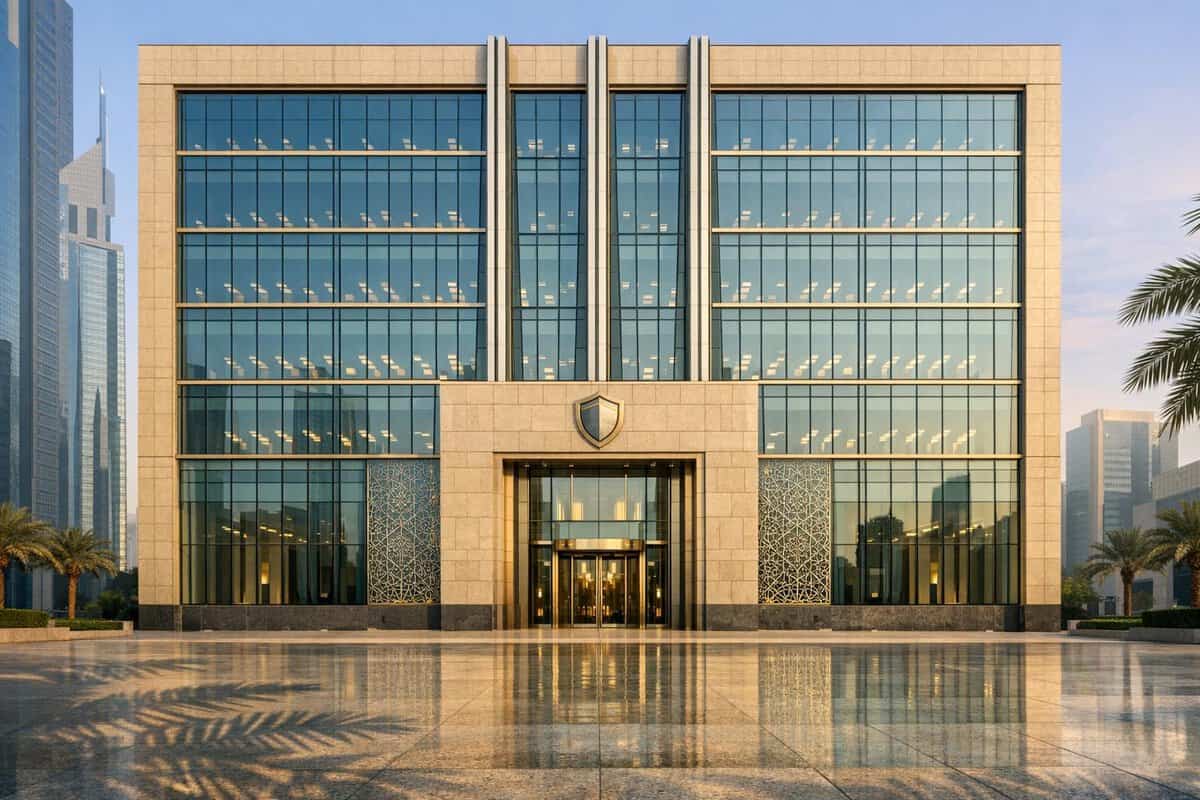Brand-Husl-Modern corporate office building with glass facade and sleek architecture, situated in a business district with palm trees and city skyline in the background.